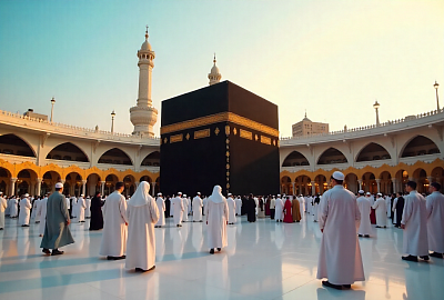 Pilgrims walking and standing in the courtyard of the Masjid al-Haram, with the Kaaba at the center under a warm, glowing sky.