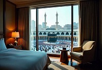 Luxurious hotel room with a direct window view of the Kaaba and the Masjid al-Haram in Mecca.