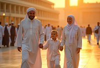 A peaceful scene of a family performing Umrah, highlighting the comfort and spiritual focus of a premium package.